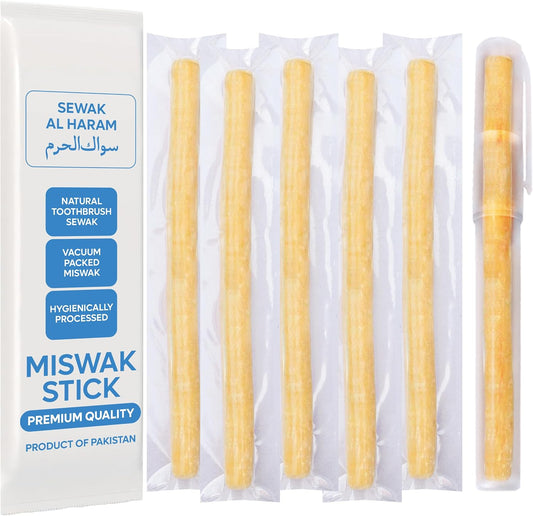Natural Toothbrush Miswak with 5 Pack and Miswak Holder - Premium Quality, Organic, Triple Wash, Plain Packaging