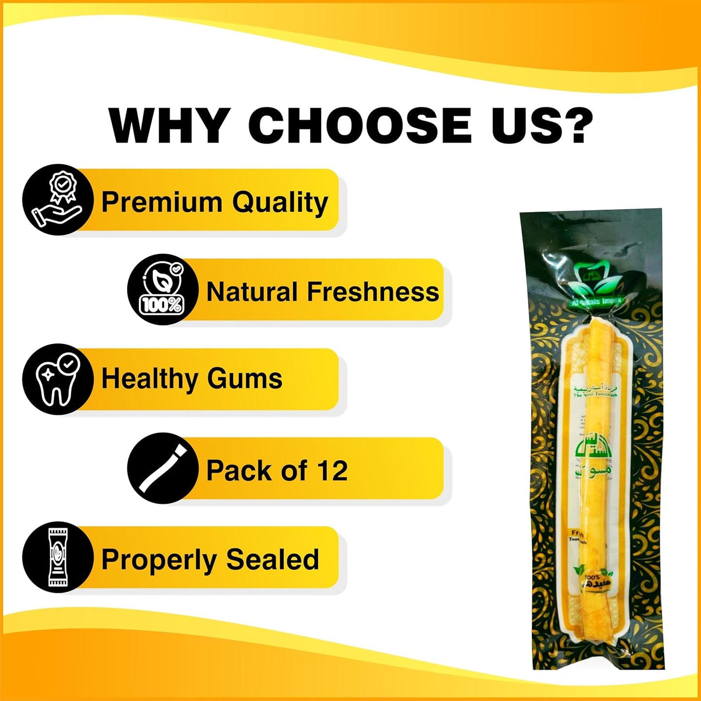 Al Sudais Miswak Natural Toothbrush Pack of 12 | Natural Toothbrush for Teeth Whitening, Oral Health, Fresh Breath, Siwak Stick Organic Wooden Vacuum Sealed Tooth Brush, Miswak Sticks for Teeth Sewak
