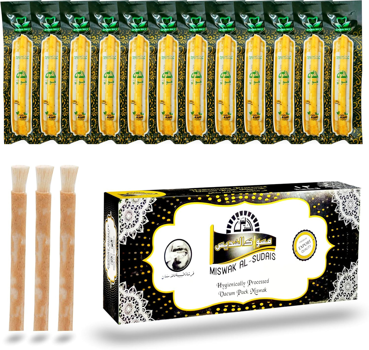 Al Sudais Miswak Natural Toothbrush Pack of 12 | Natural Toothbrush for Teeth Whitening, Oral Health, Fresh Breath, Siwak Stick Organic Wooden Vacuum Sealed Tooth Brush, Miswak Sticks for Teeth Sewak