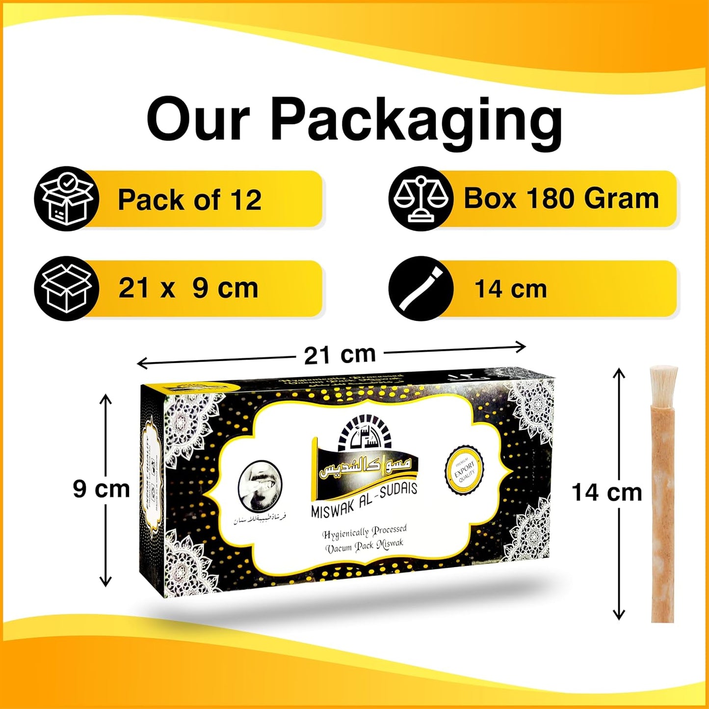 Al Sudais Miswak Natural Toothbrush Pack of 12 | Natural Toothbrush for Teeth Whitening, Oral Health, Fresh Breath, Siwak Stick Organic Wooden Vacuum Sealed Tooth Brush, Miswak Sticks for Teeth Sewak