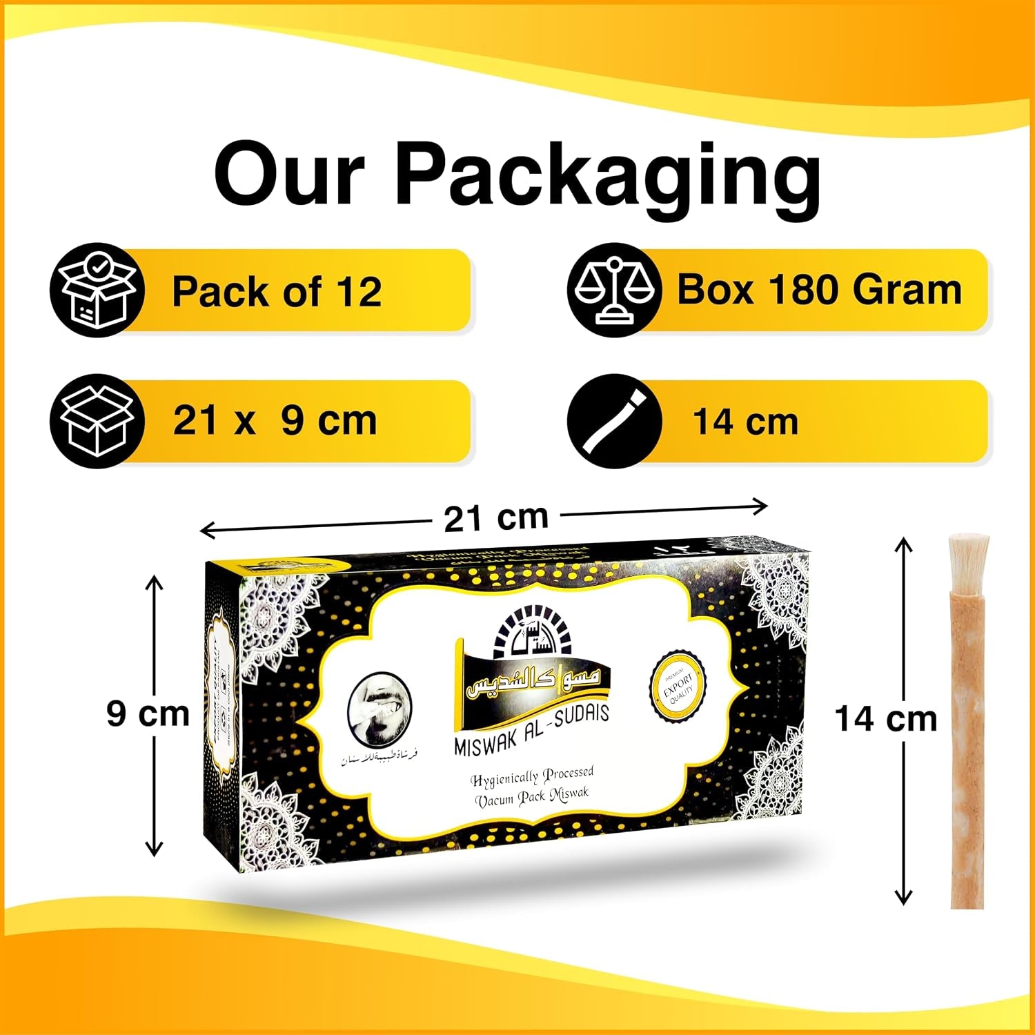 Al Sudais Miswak Natural Toothbrush Pack of 12 | Natural Toothbrush for Teeth Whitening, Oral Health, Fresh Breath, Siwak Stick Organic Wooden Vacuum Sealed Tooth Brush, Miswak Sticks for Teeth Sewak