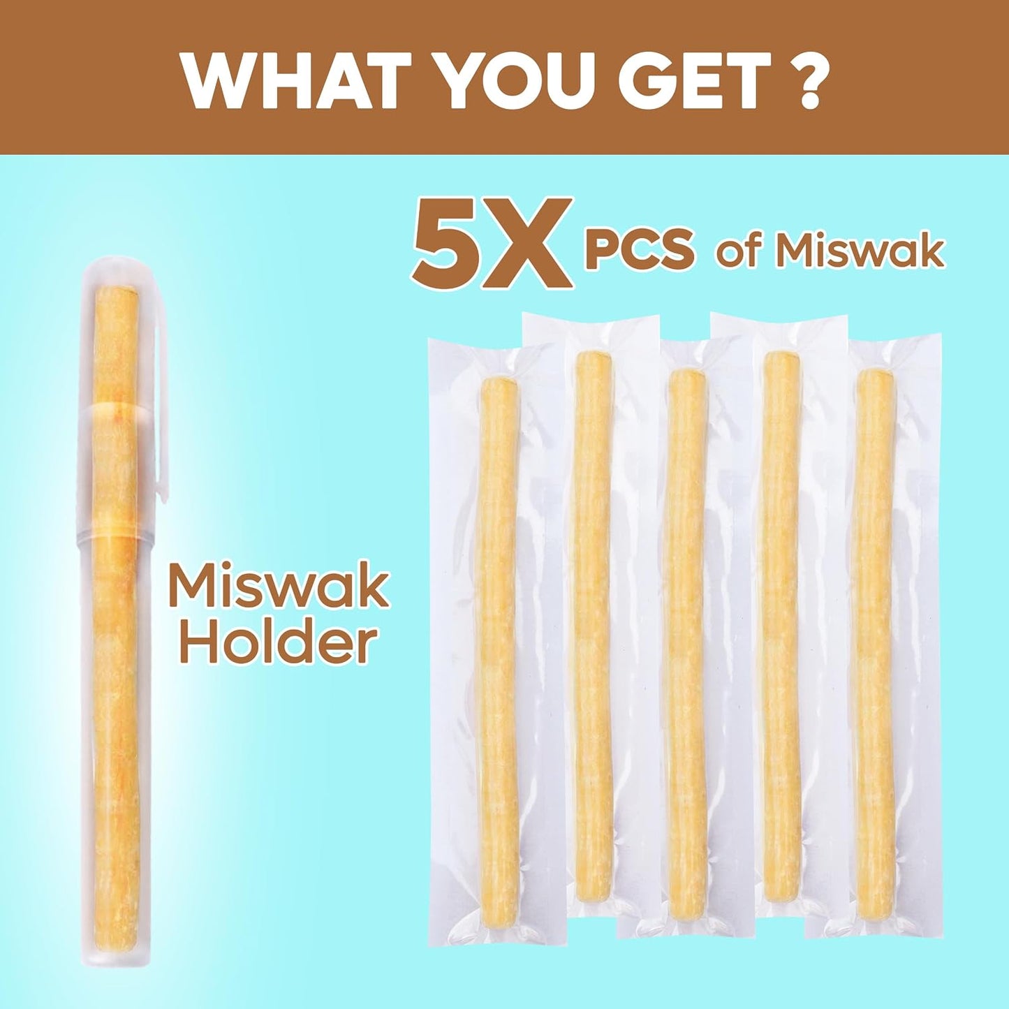 Natural Toothbrush Miswak with 5 Pack and Miswak Holder - Premium Quality, Organic, Triple Wash, Plain Packaging