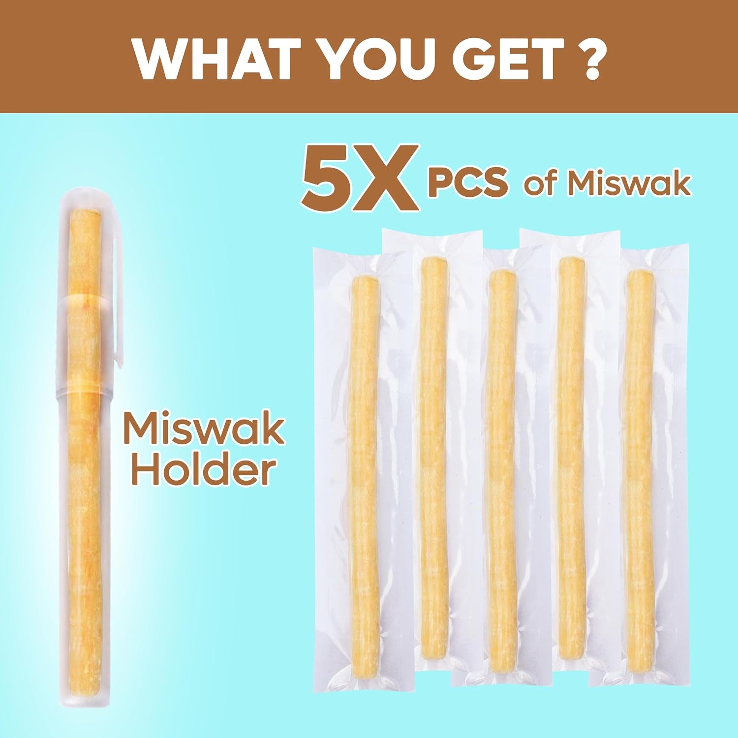 Natural Toothbrush Miswak with 5 Pack and Miswak Holder - Premium Quality, Organic, Triple Wash, Plain Packaging