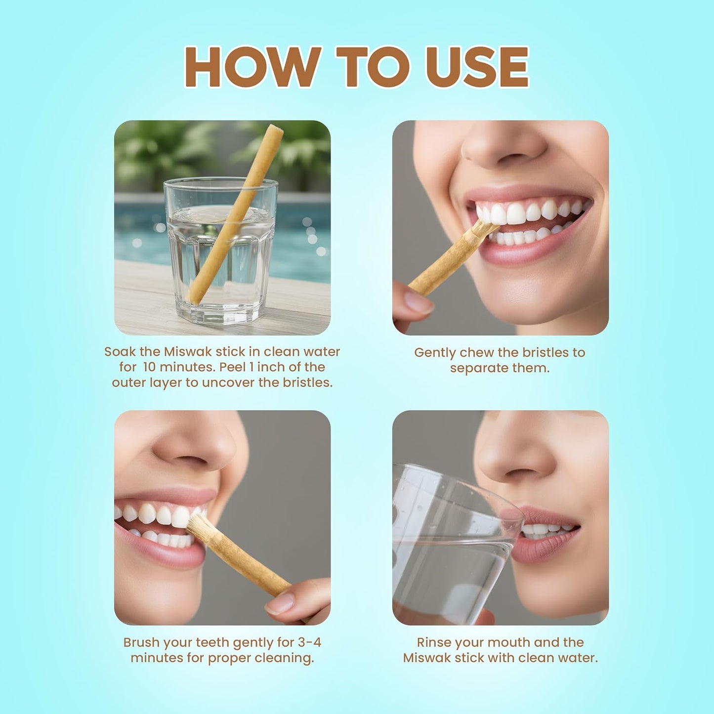 Natural Toothbrush Miswak with 5 Pack and Miswak Holder - Premium Quality, Organic, Triple Wash, Plain Packaging